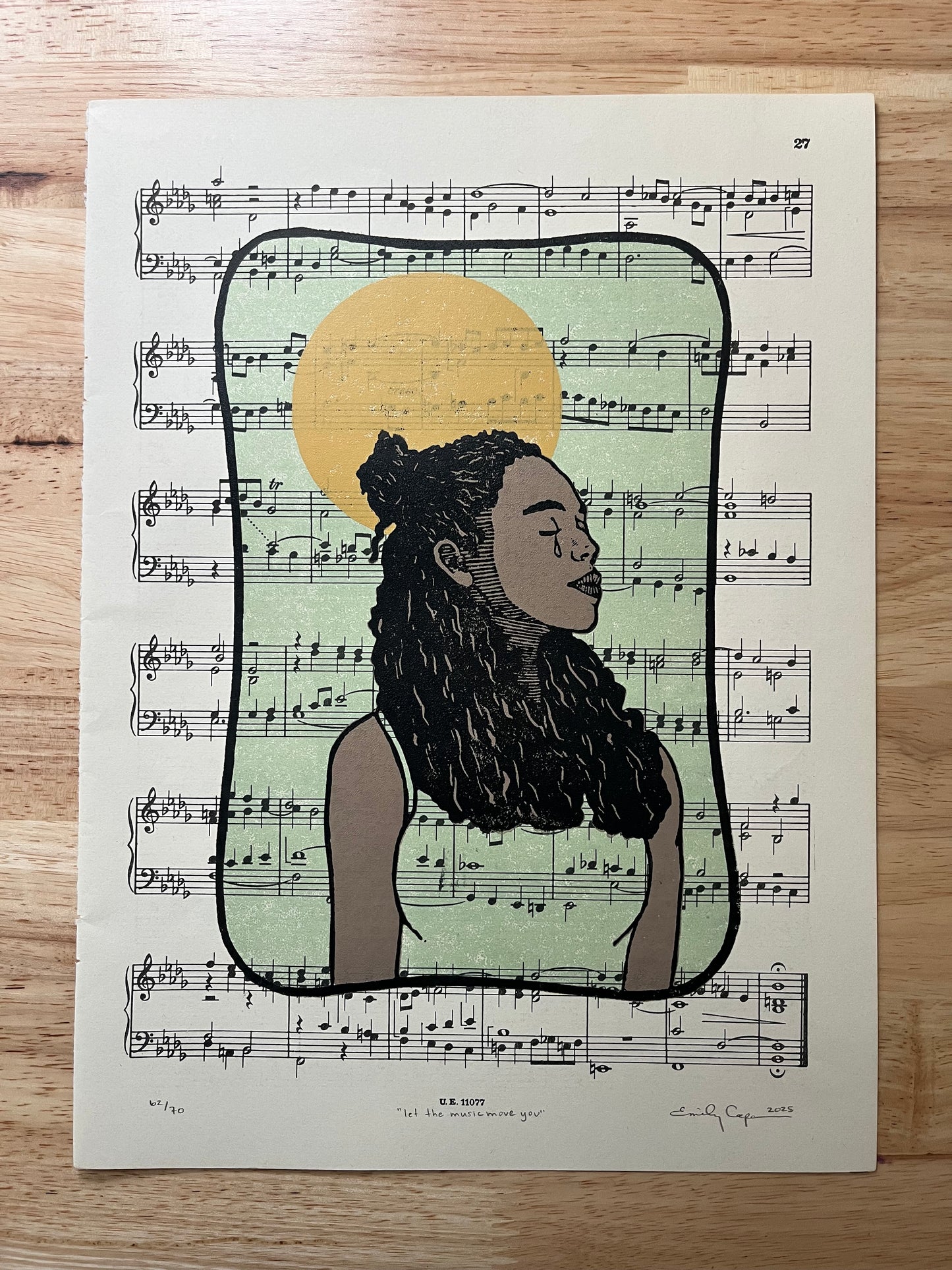 “Let the music move you” limited edition reduction linoleum block print - music sheet art