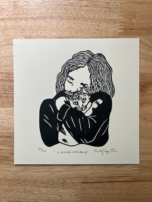 “A trusted confidant” limited edition linoleum block print - cat lover print