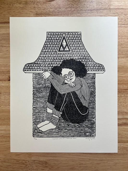 “I am home where the wildflowers bloom” Limited Edition Linoleum Block Print