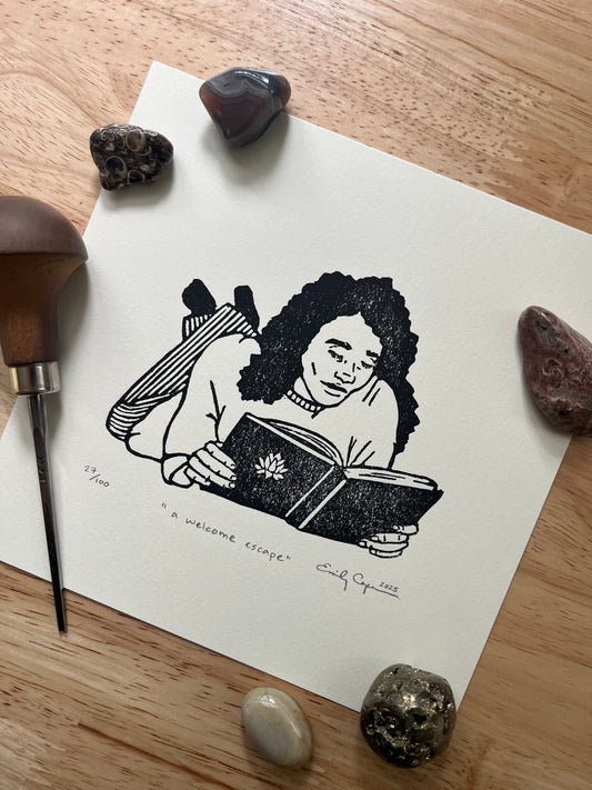“A welcome escape” limited edition linoleum block print - book lovers print, bookish linocut