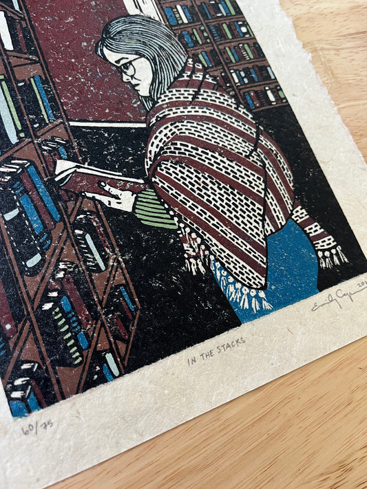 “In the Stacks” Limited Edition Linoleum Block Reduction Print
