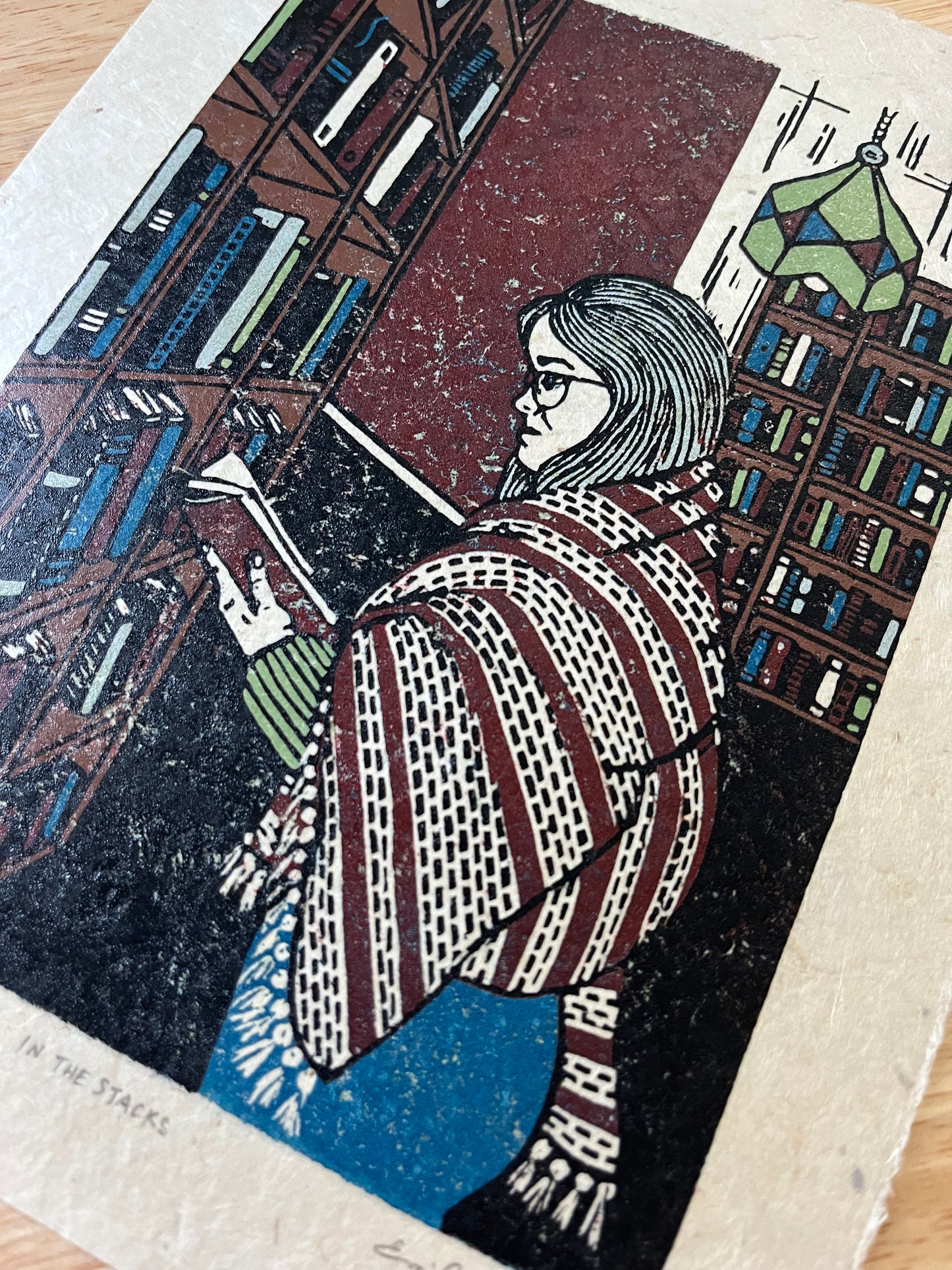 “In the Stacks” Limited Edition Linoleum Block Reduction Print
