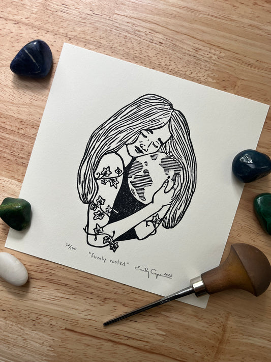 “Firmly rooted” limited edition linoleum block print- earth lover art, grounded print