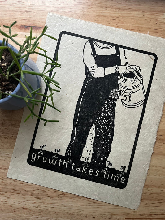“Growth takes time” limited edition linoleum block print