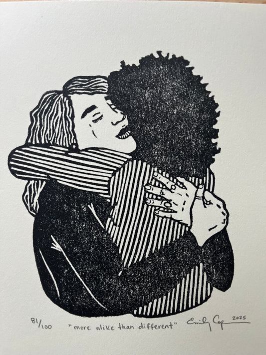 “More alike than different” limited edition linoleum block print - friendship linocut, hug lino print