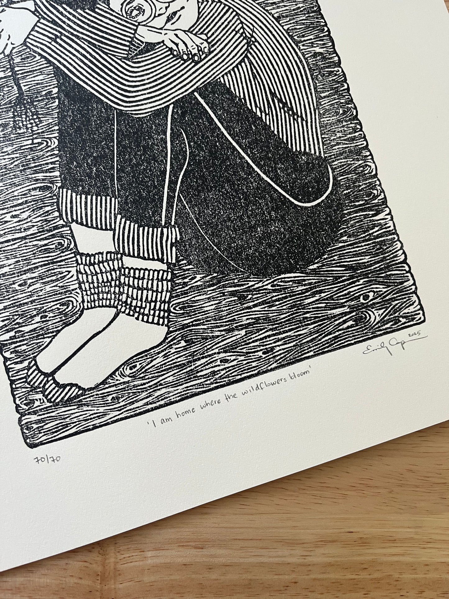 “I am home where the wildflowers bloom” Limited Edition Linoleum Block Print