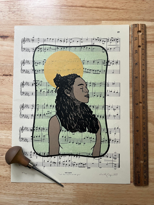 “Let the music move you” limited edition reduction linoleum block print - music sheet art