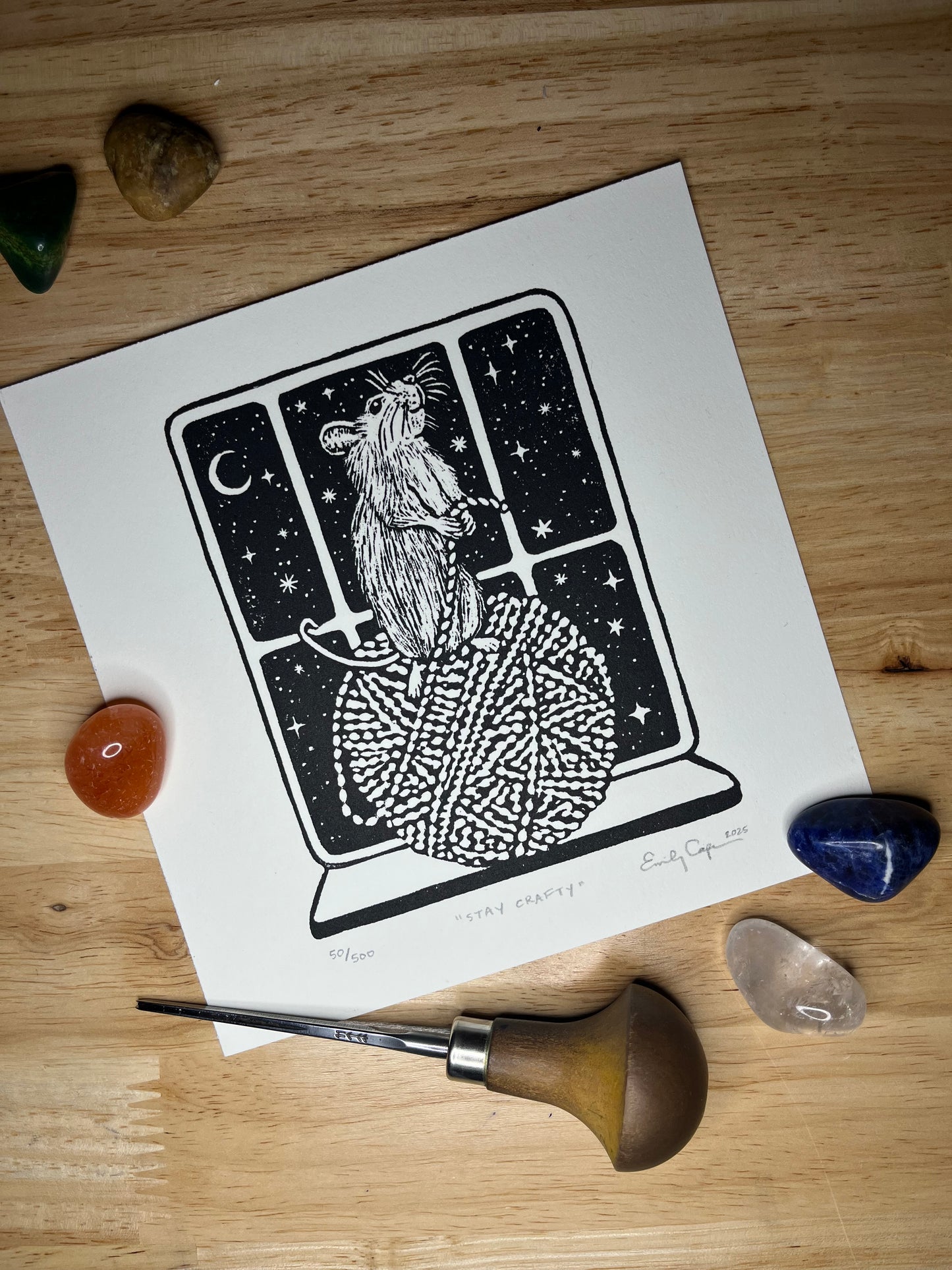 “Stay Crafty” original linoleum block print - signed edition - rodent with yarn print