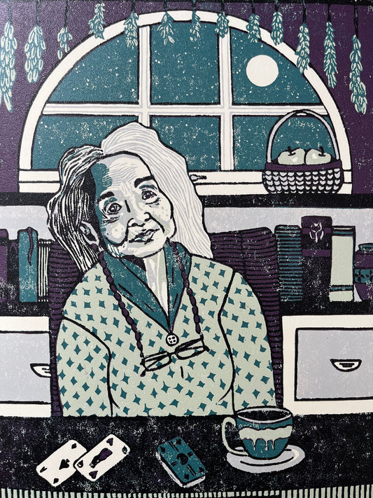 “The Crone” limited edition reduction linoleum block print - Oracle deck linocut
