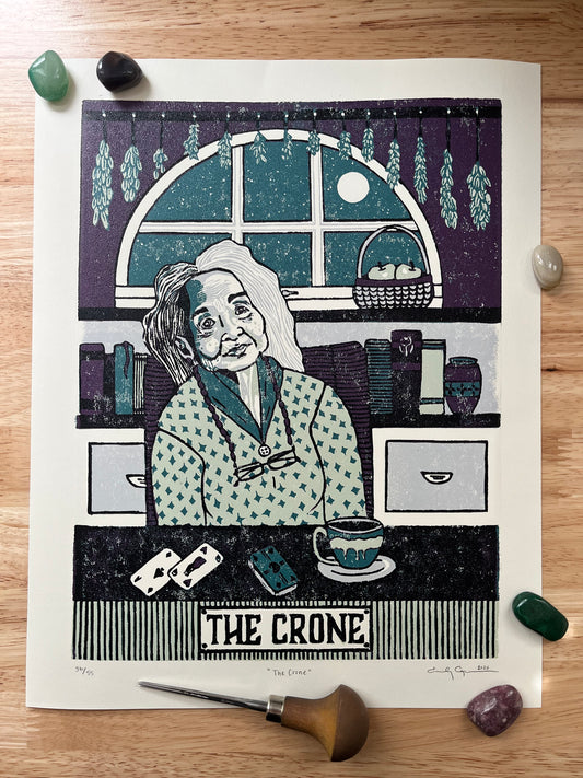 “The Crone” limited edition reduction linoleum block print - Oracle deck linocut
