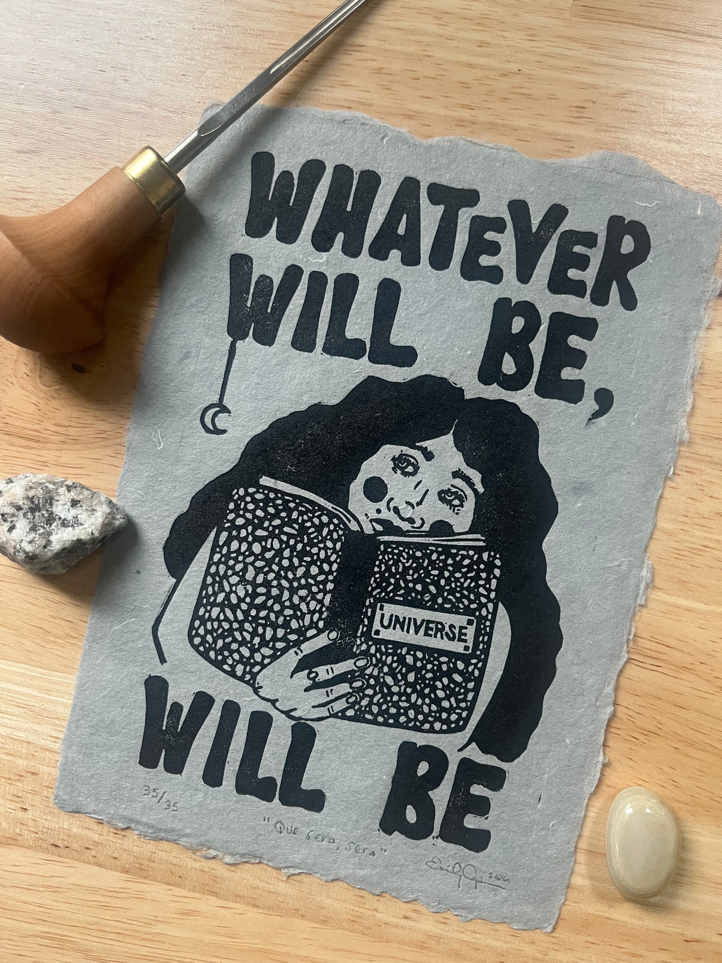 “Que Sera, Sera” Original Linoleum Block Print - signed limited edition linocut - bookish art