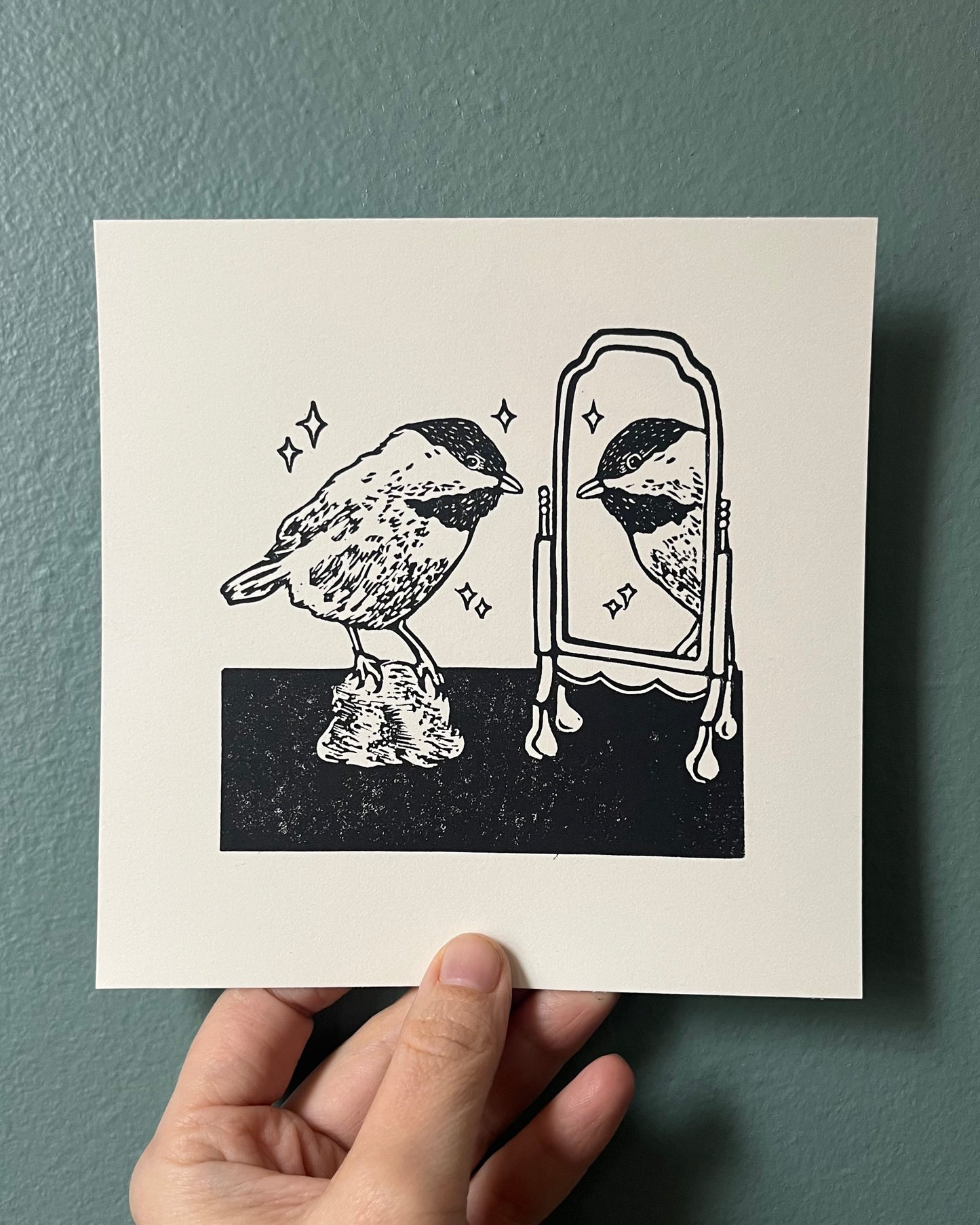 “Stay Reflective” original linoleum block print - signed edition - chickadee mirror print