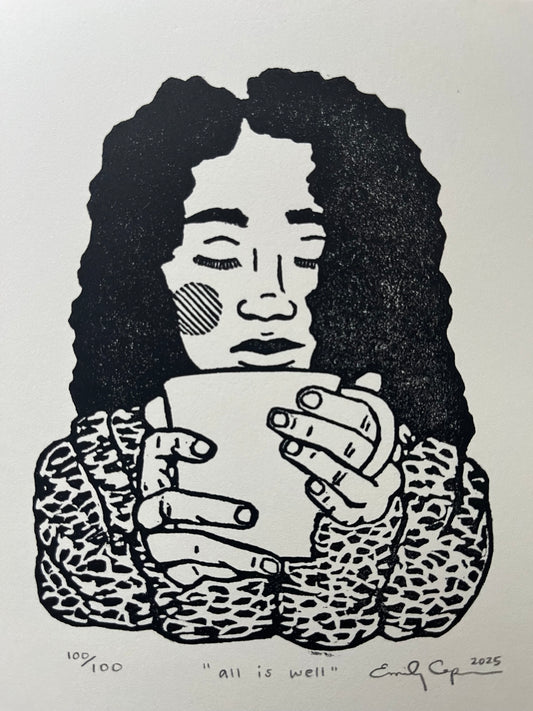 “All is well” limited edition linoleum block print - tea lovers, coffee lovers, linocut