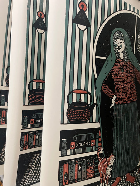 “across from embers, we unwind” - limited edition reduction linocut print