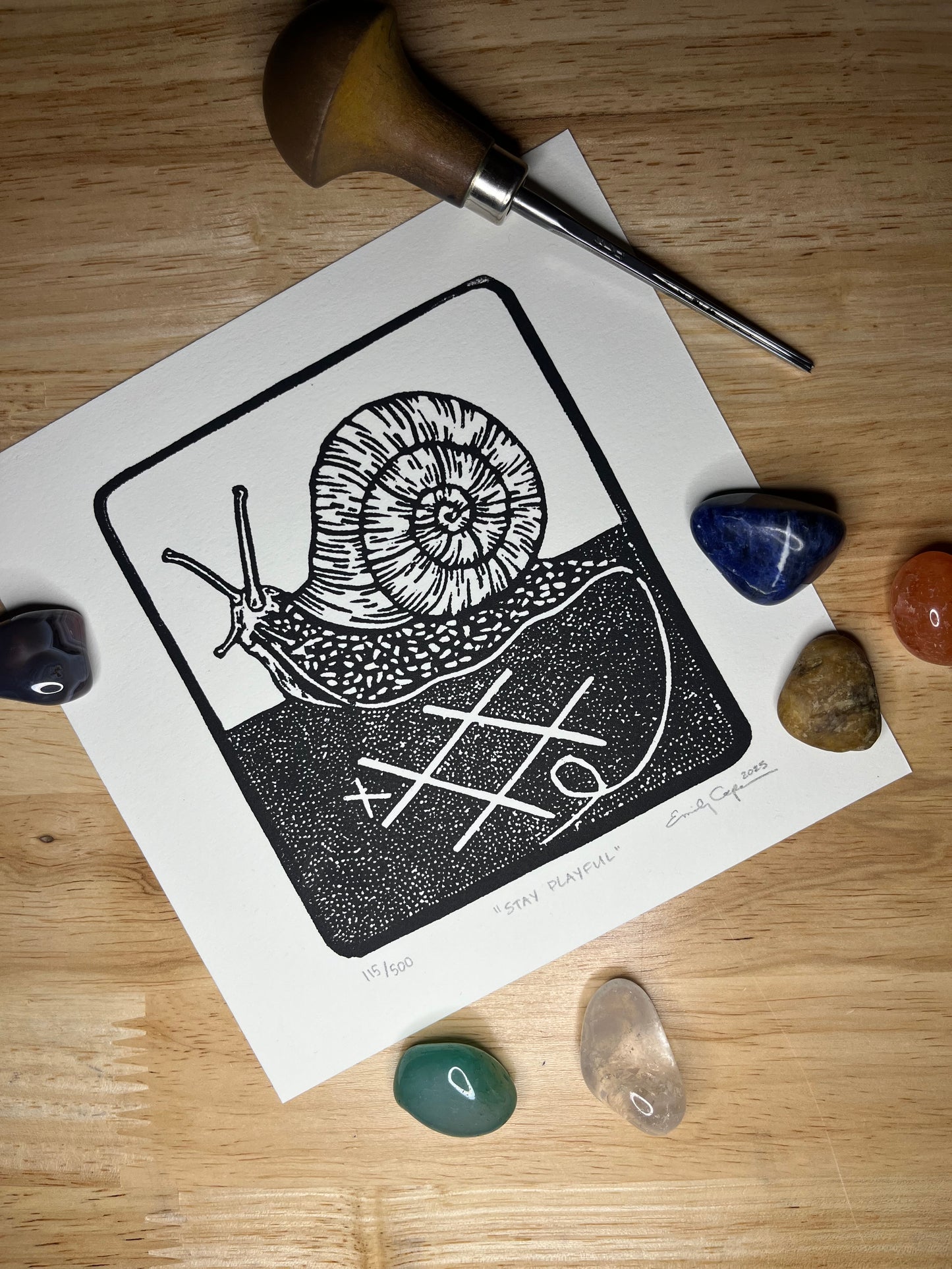 “Stay Playful” original linoleum block print - signed edition - snail tic tac toe print