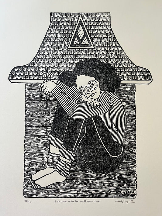 “I am home where the wildflowers bloom” Limited Edition Linoleum Block Print