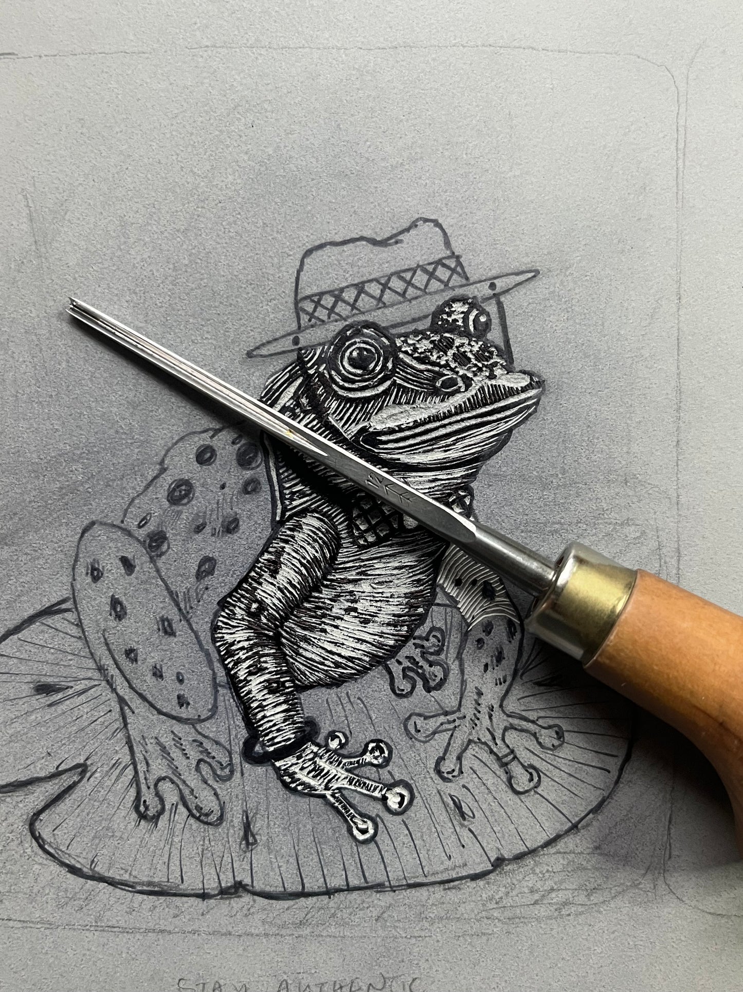 “Stay Authentic” original linoleum block print - signed edition - frog with hat linocut print