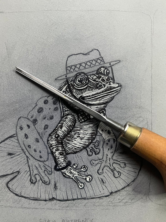 “Stay Authentic” original linoleum block print - signed edition - frog with hat linocut print