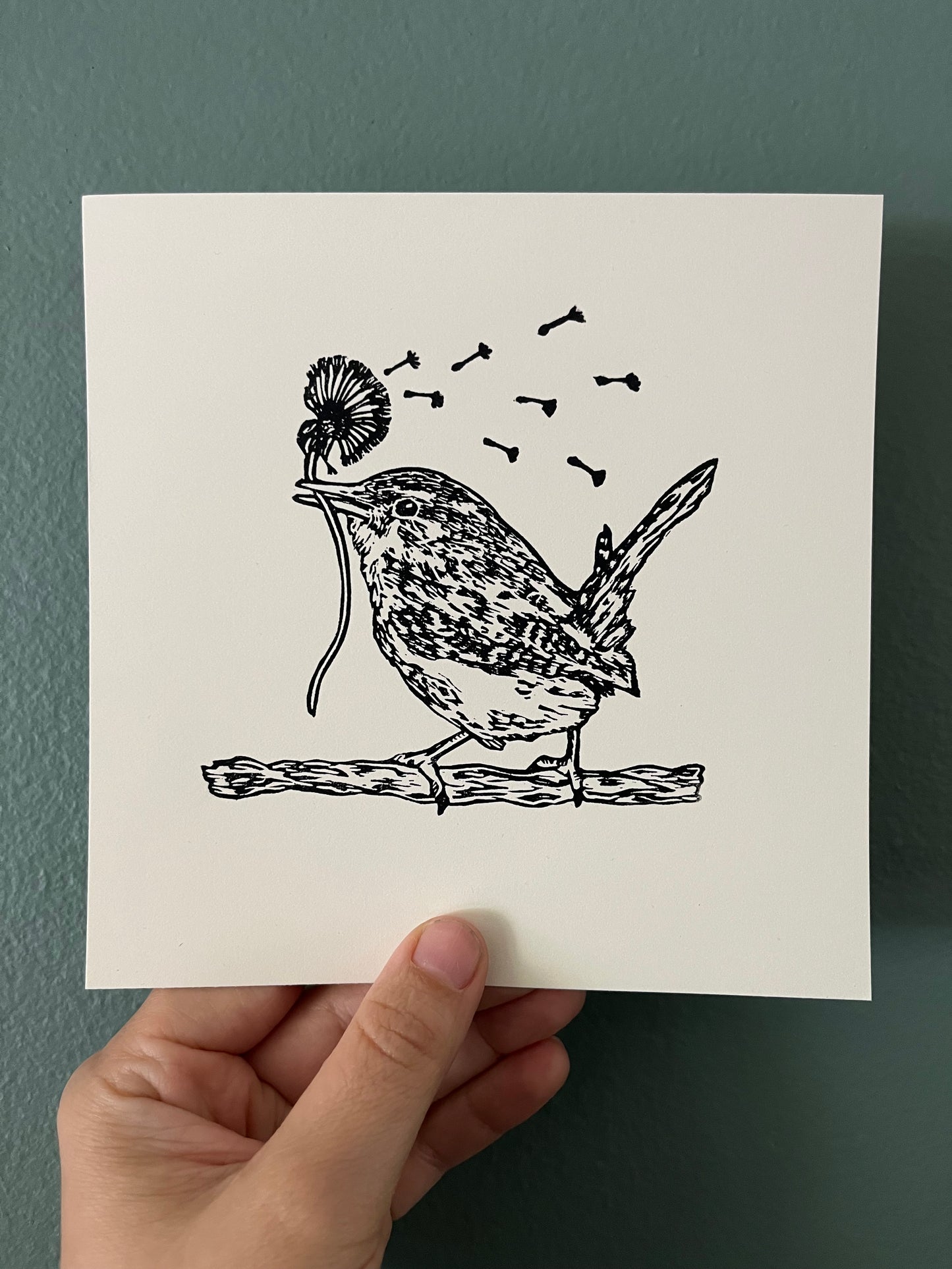 “Stay Wishful” Original Linoleum Block Print, Signed Edition - Carolina wren print, whimsical bird print