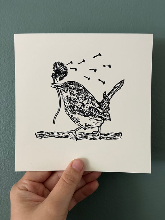 “Stay Wishful” Original Linoleum Block Print, Signed Edition - Carolina wren print, whimsical bird print