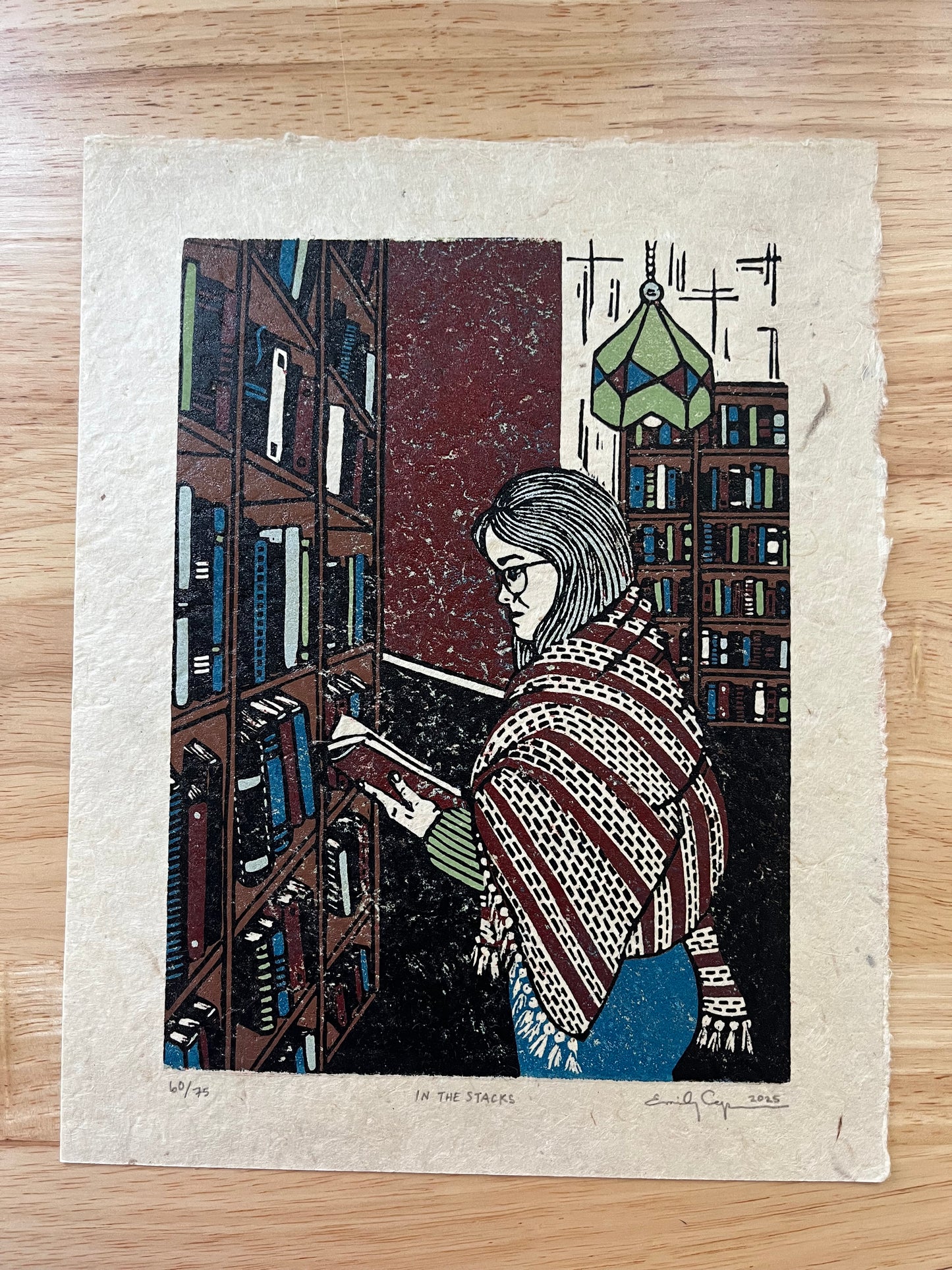 “In the Stacks” Limited Edition Linoleum Block Reduction Print