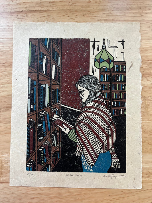 “In the Stacks” Limited Edition Linoleum Block Reduction Print