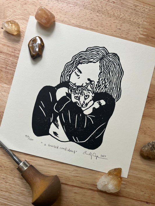 “A trusted confidant” limited edition linoleum block print - cat lover print