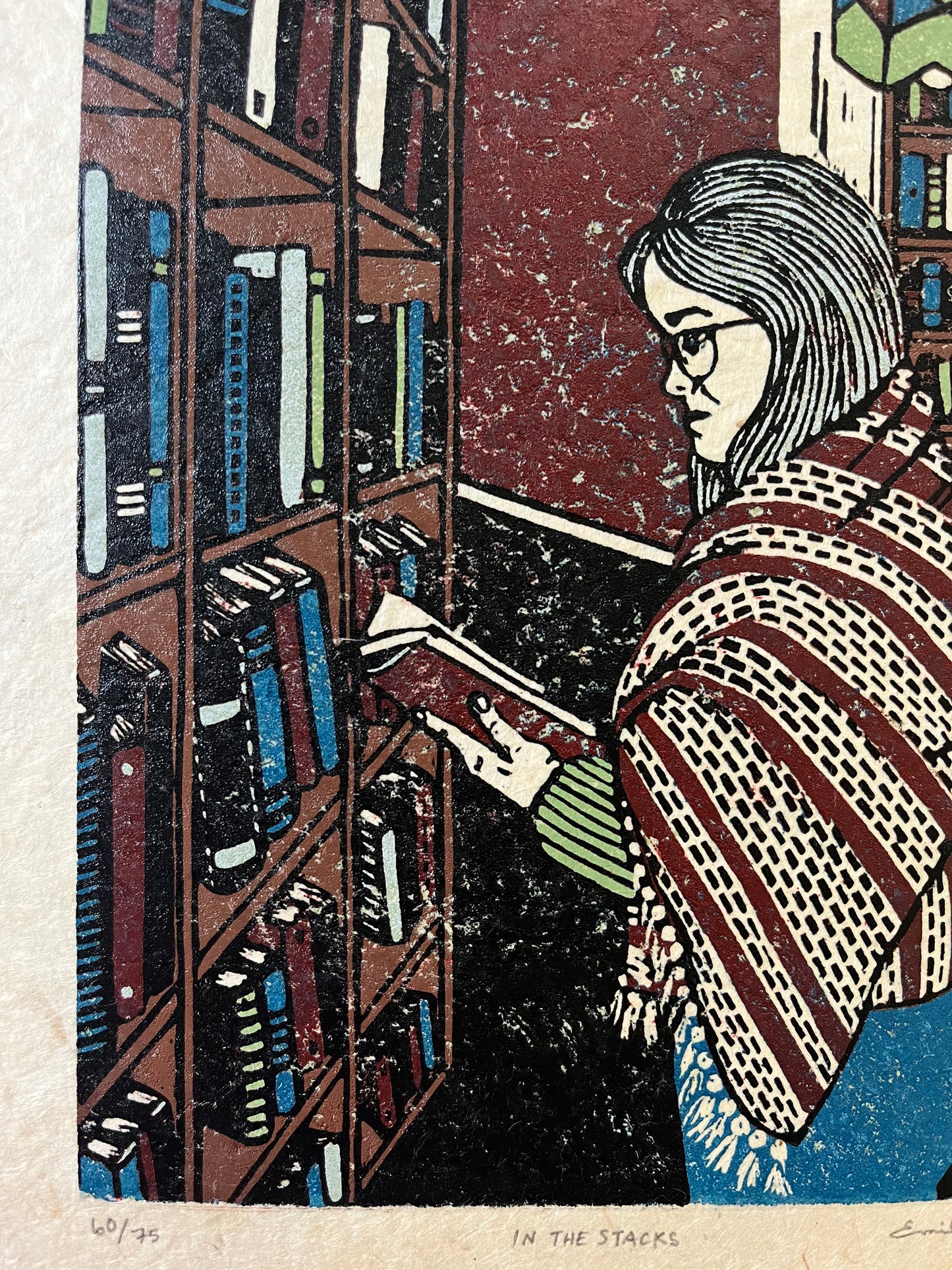 “In the Stacks” Limited Edition Linoleum Block Reduction Print
