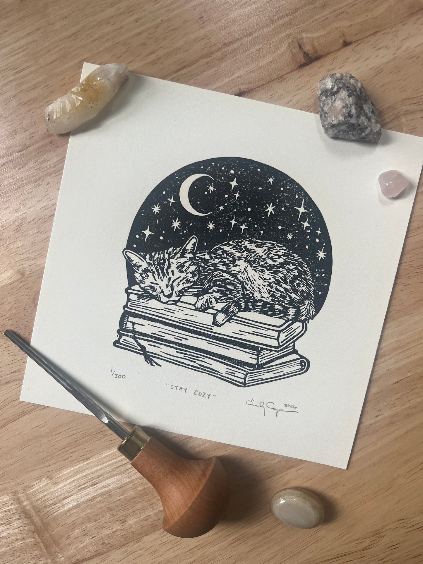 “Stay Cozy” Original Linoleum Block Print, Signed Edition - cozy cat print, bookish print
