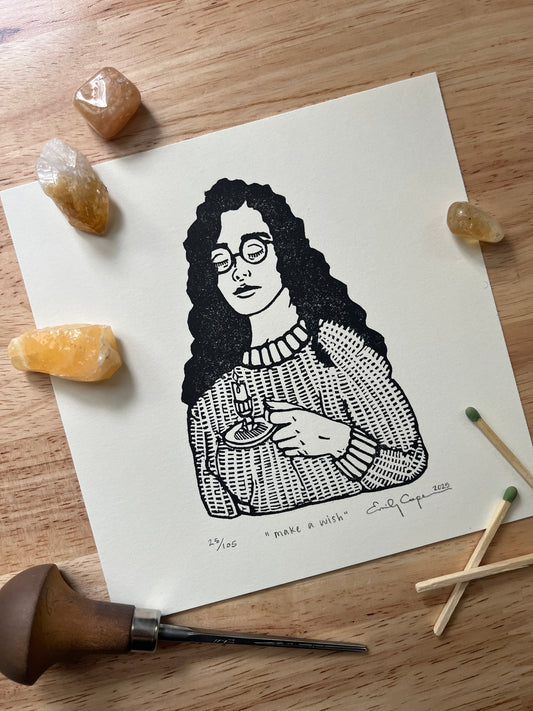 “Make a wish” limited edition linoleum block print - candlestick print, cozy artwork