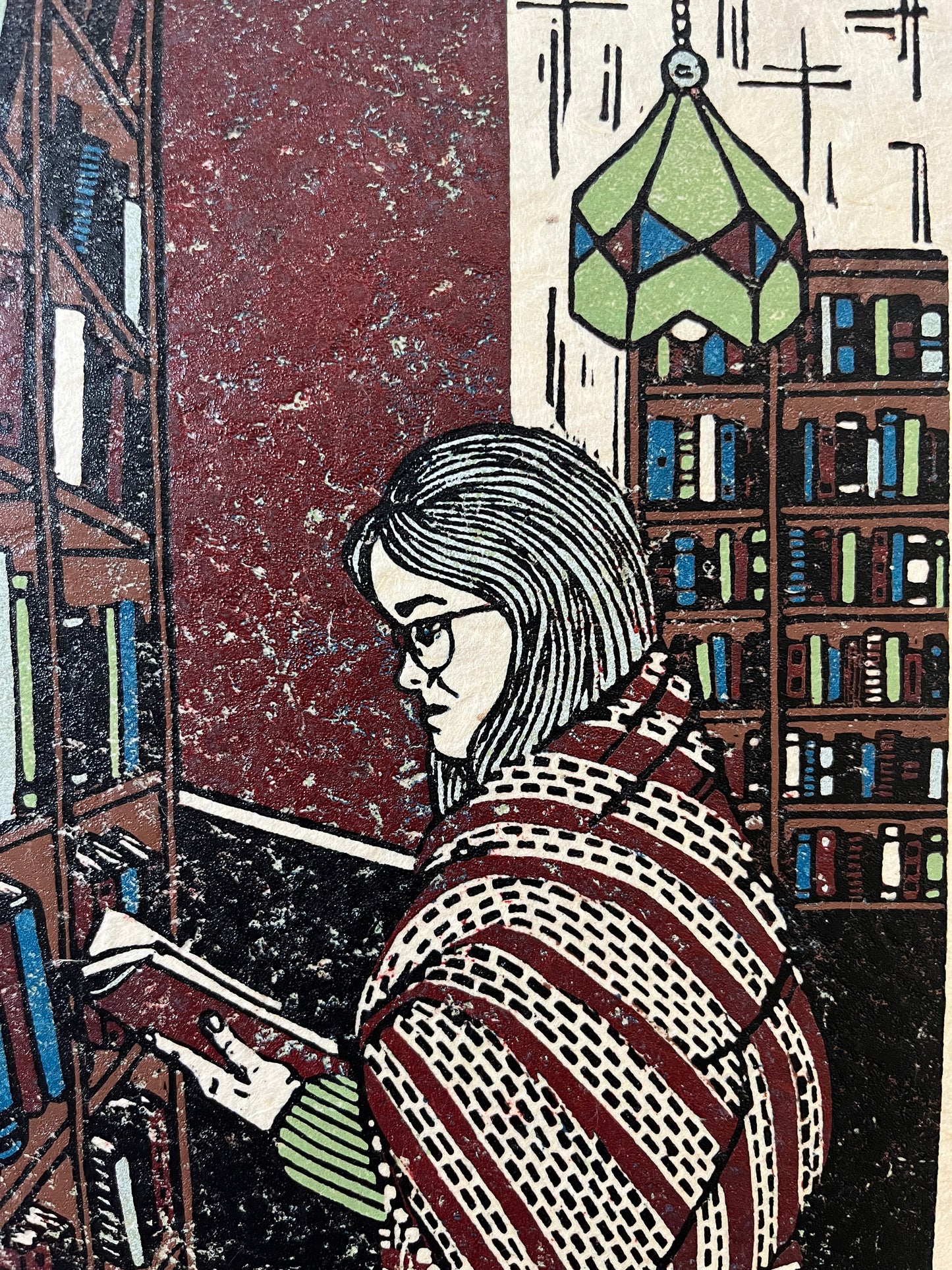 “In the Stacks” Limited Edition Linoleum Block Reduction Print