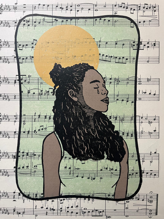 “Let the music move you” limited edition reduction linoleum block print - music sheet art