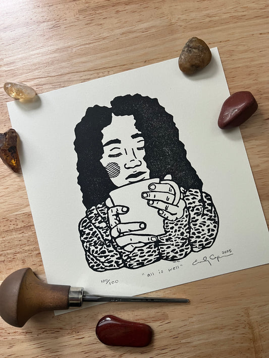 “All is well” limited edition linoleum block print - tea lovers, coffee lovers, linocut