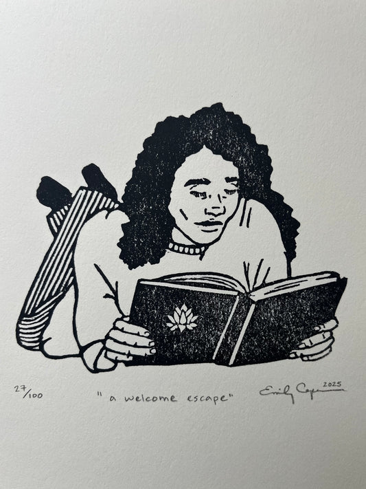 “A welcome escape” limited edition linoleum block print - book lovers print, bookish linocut