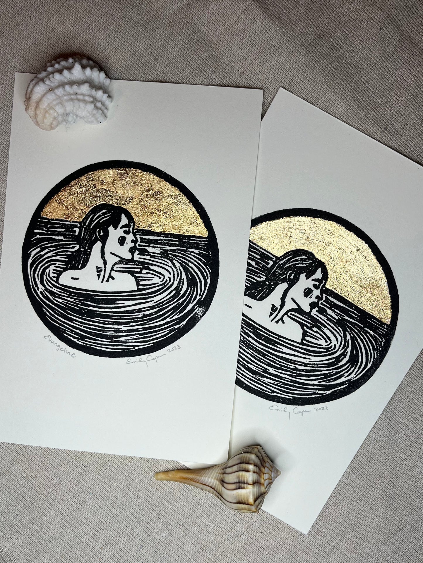 "Evangeline" Individual Gold-Leafed 4"x6" Linoleum Block Print