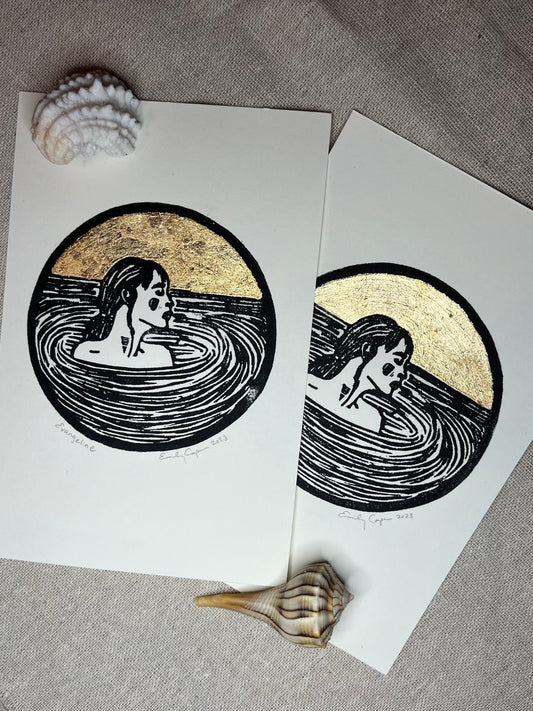 "Evangeline" Individual Gold-Leafed 4"x6" Linoleum Block Print