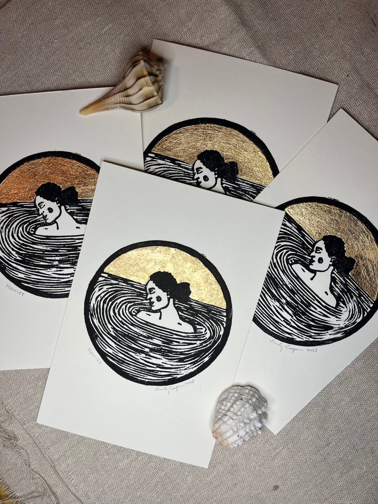 "Harriet" Individual Gold-Leafed 4"x6" Linoleum Block Print