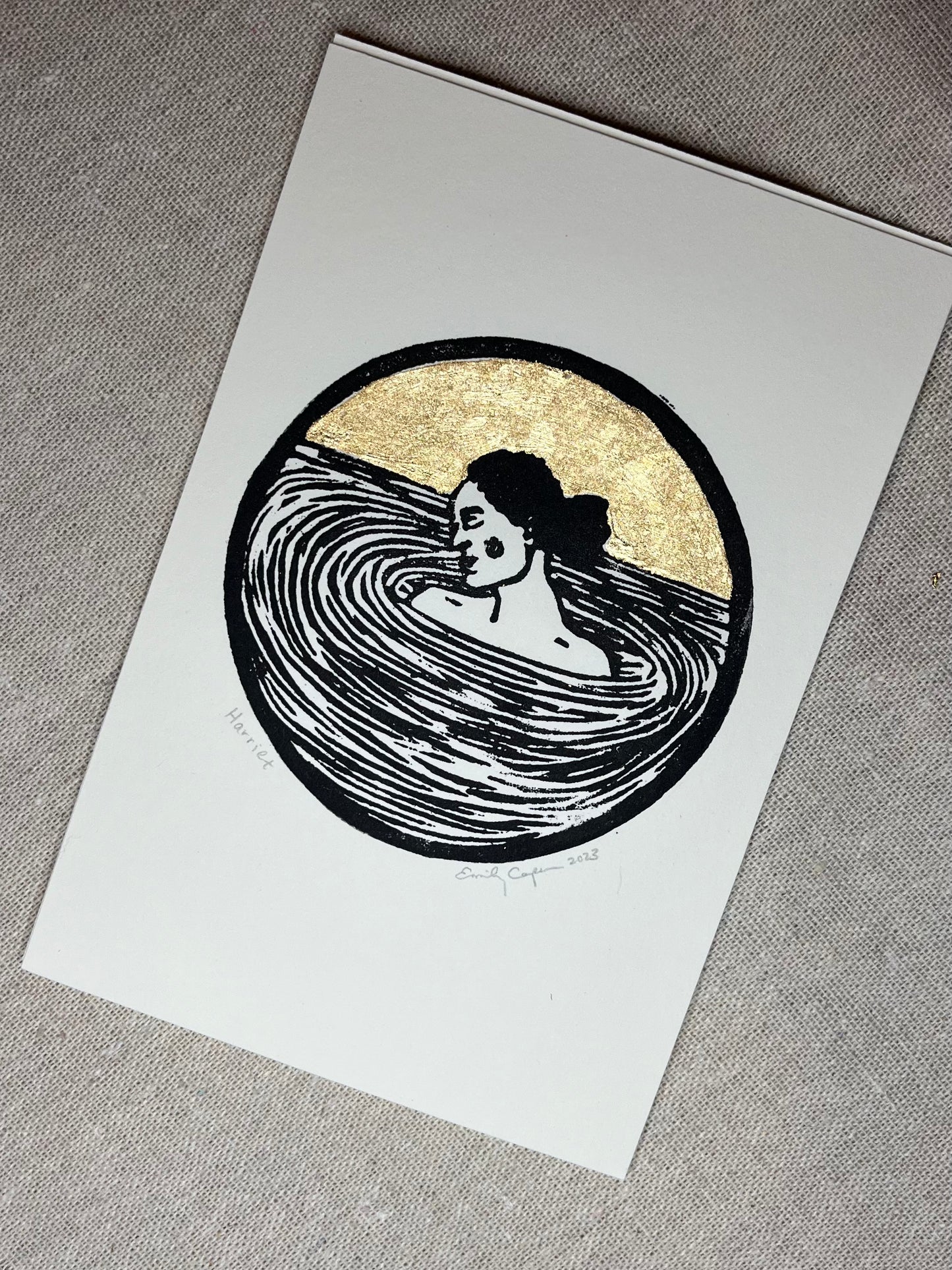 "Harriet" Individual Gold-Leafed 4"x6" Linoleum Block Print