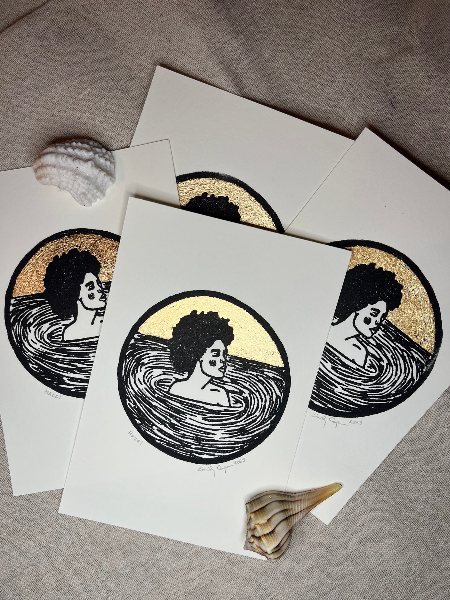 "Hazel" Individual Gold-Leafed 4"x6" Linoleum Block Print