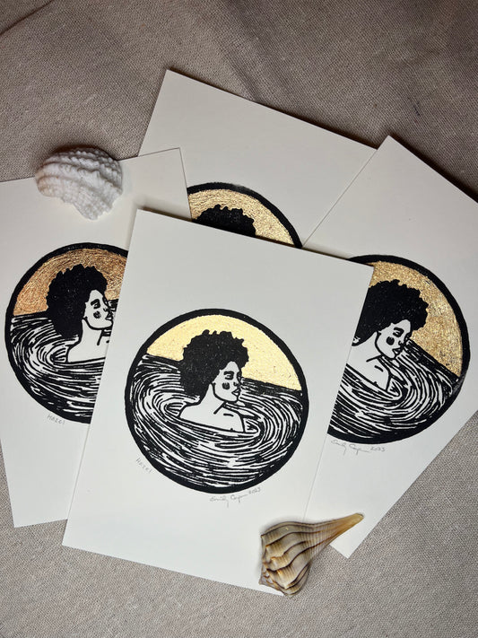 "Hazel" Individual Gold-Leafed 4"x6" Linoleum Block Print