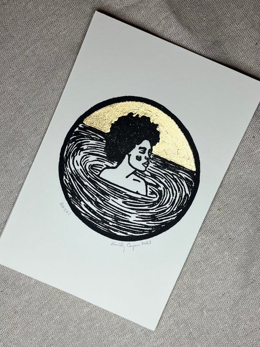 "Hazel" Individual Gold-Leafed 4"x6" Linoleum Block Print