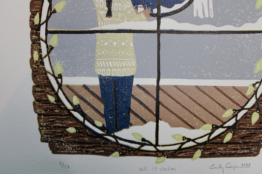 "All is Calm" Original Limited Edition Reduction Linoleum Block Print