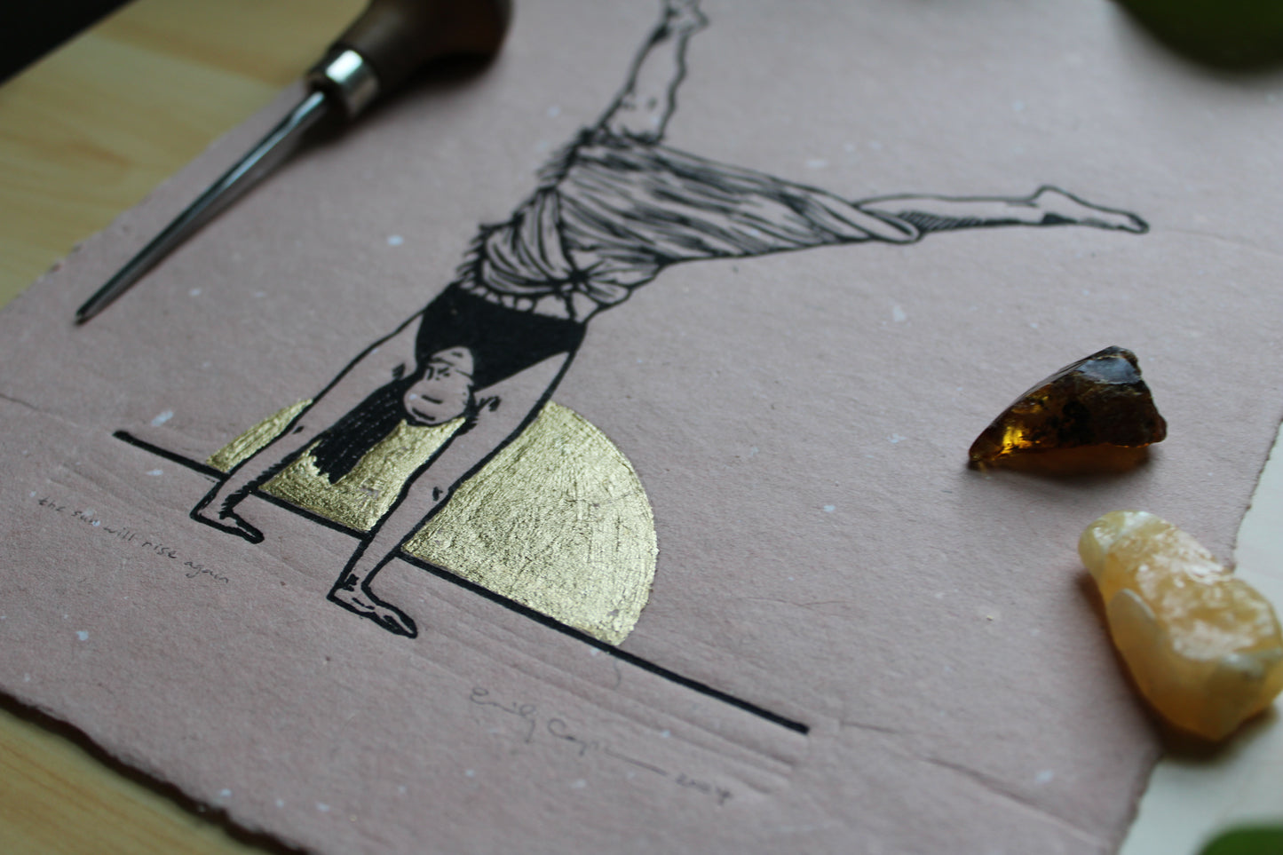 "The Sun Will Rise Again" Linoleum Block Print - gymnastics art, gold leaf art