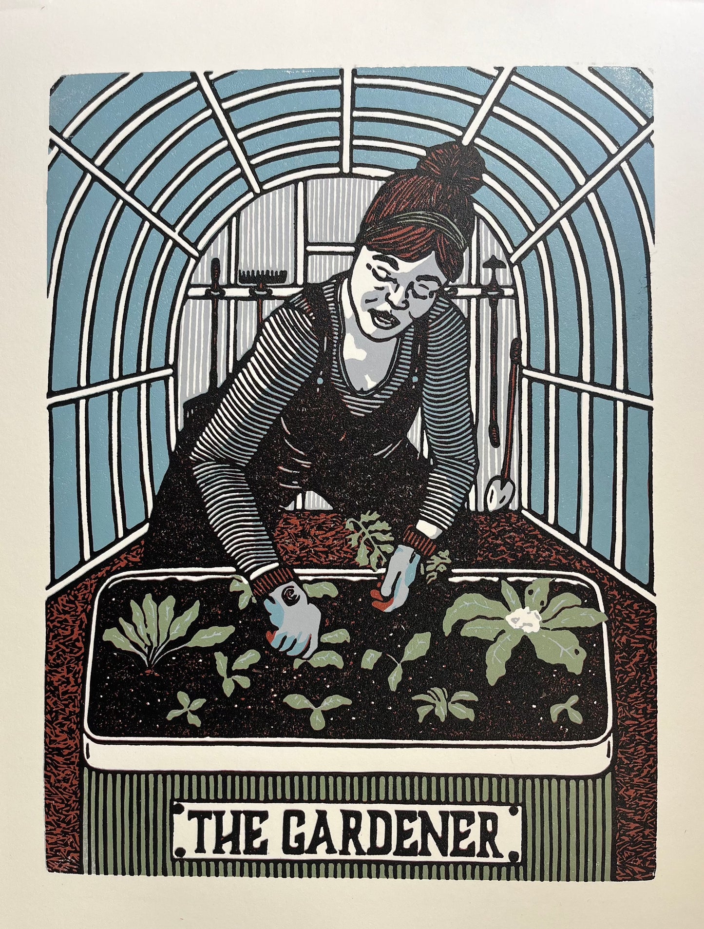"The Gardener" Original Limited Edition Reduction Linoleum Block Print - Oracle Deck Series