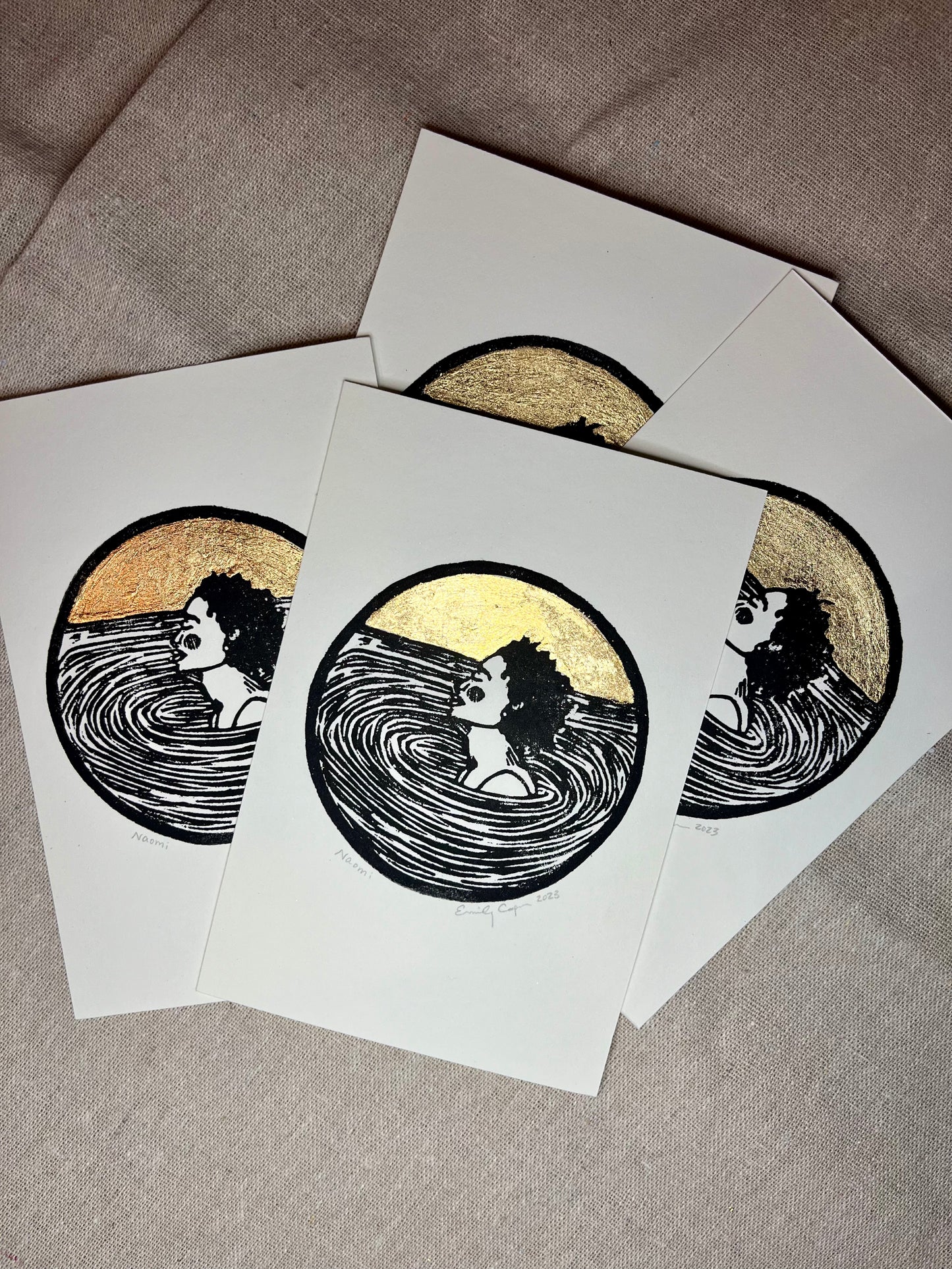 "Naomi" Individual Gold-Leafed 4"x6" linoleum block print