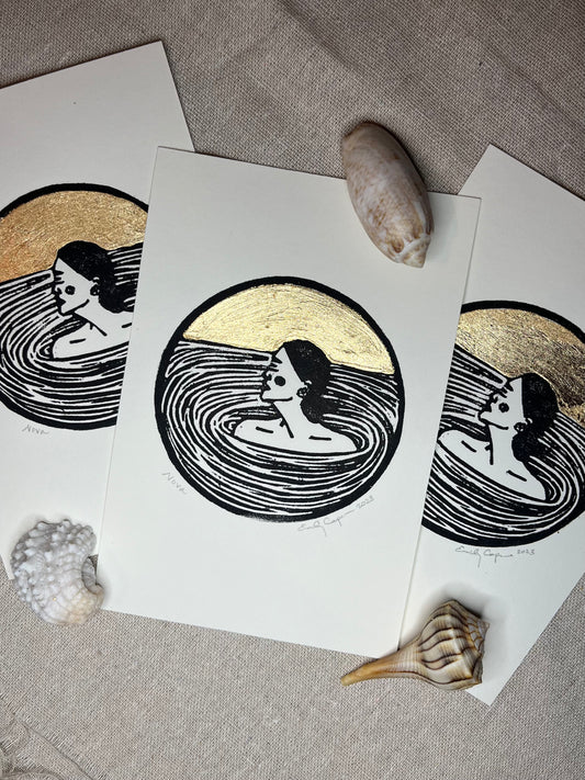 "Nova" Individual Gold-Leafed 4"x6" Linoleum Block Print