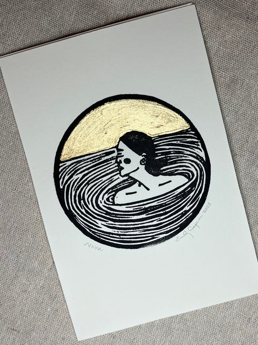 "Nova" Individual Gold-Leafed 4"x6" Linoleum Block Print