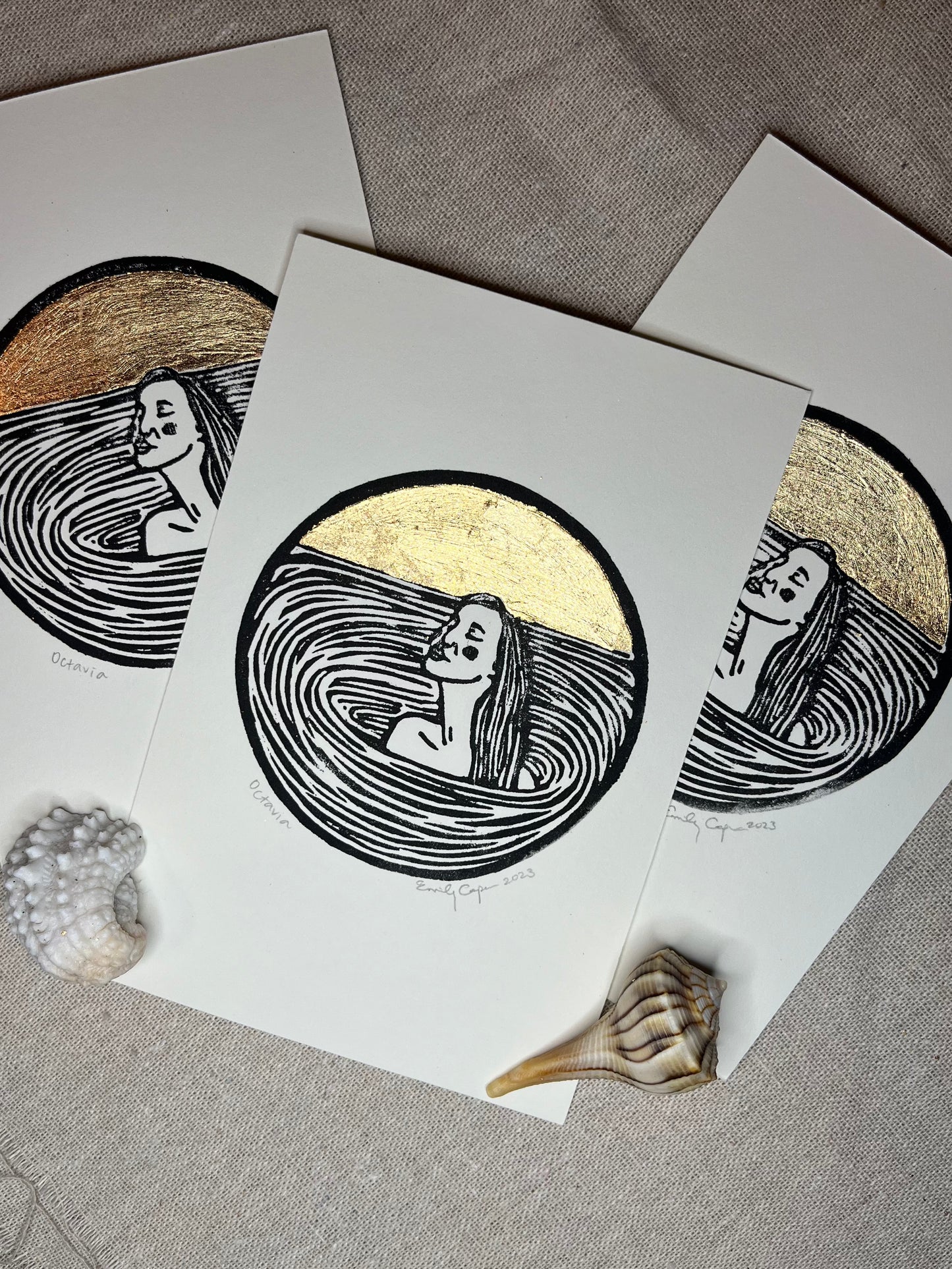 "Octavia" Individual Gold-Leafed 4"x6" Linoleum Block Print