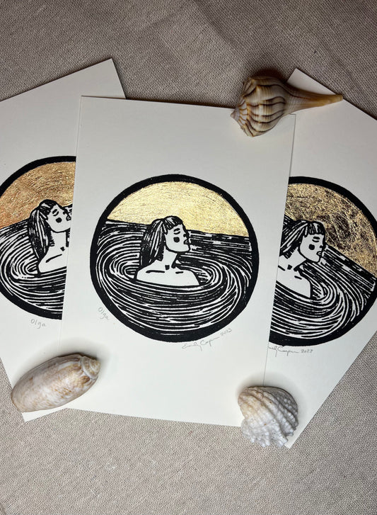 "Olga" Individual Gold-Leafed 4"x6" Linoleum Block Print