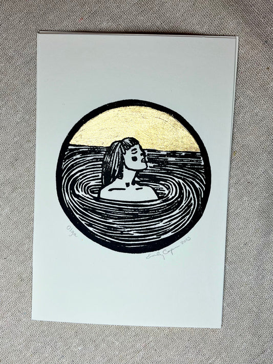 "Olga" Individual Gold-Leafed 4"x6" Linoleum Block Print